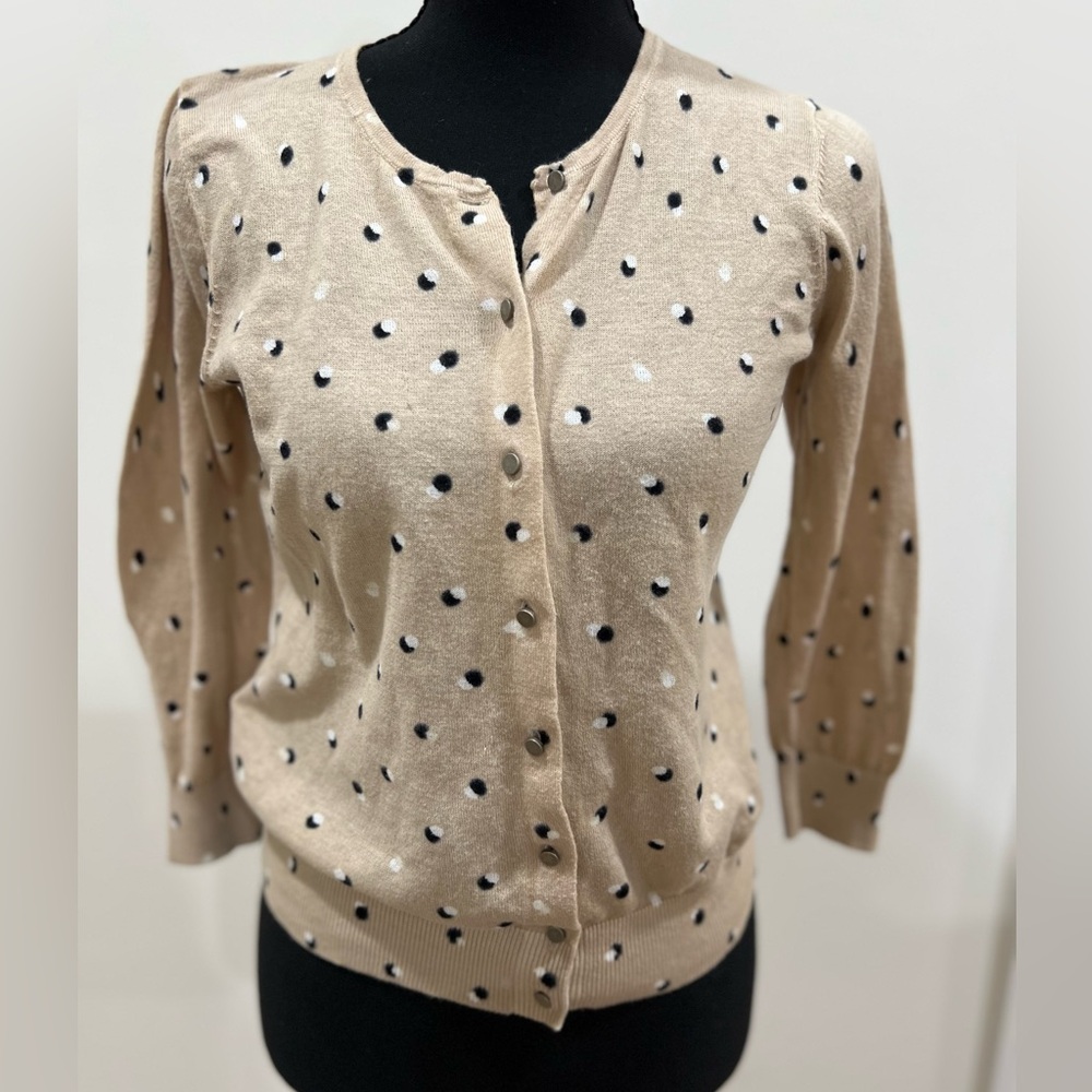 LOFT Tan Black Polka Dot Cardigan XSP 100% Cotton